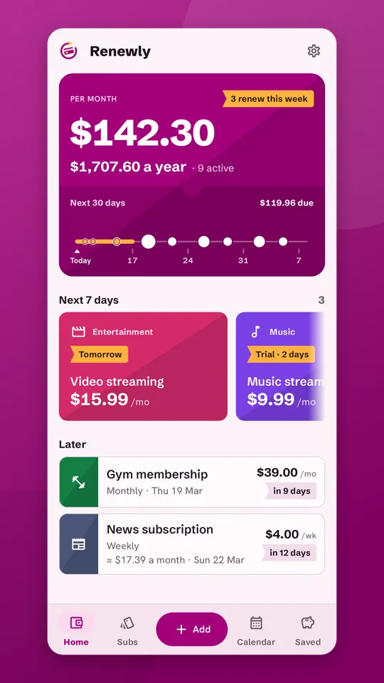 Renewly dashboard with the monthly total