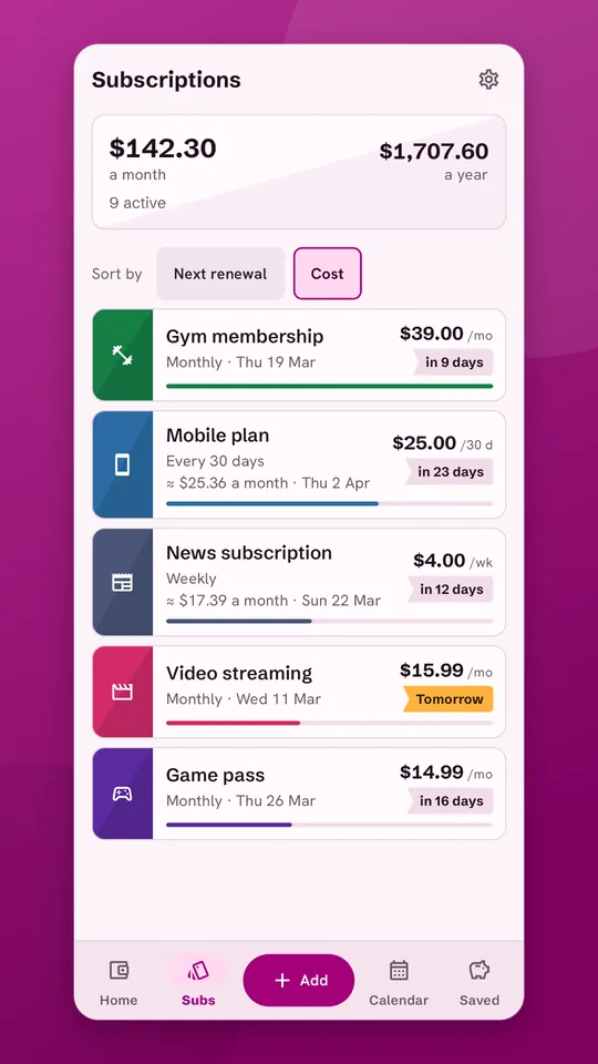 Subscriptions sorted by cost
